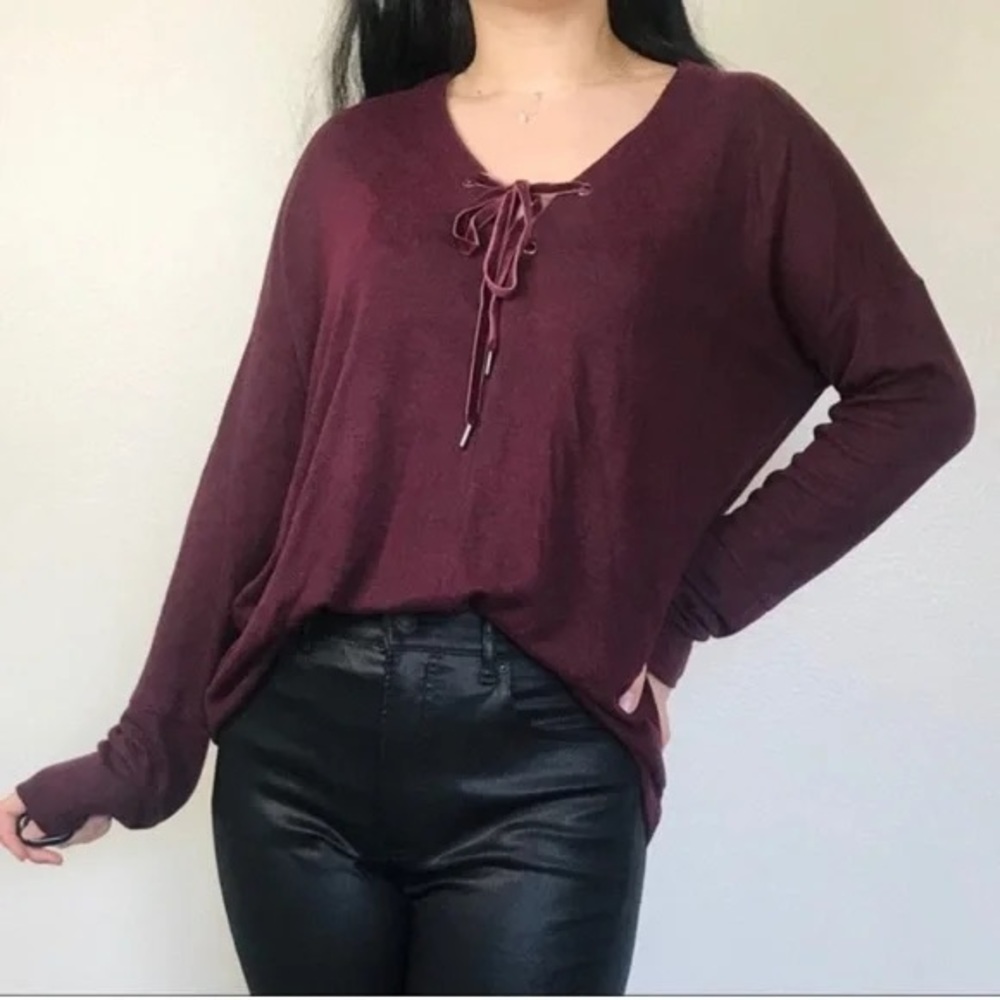 Rails Leigh Port Velvet Burgundy Lace Up Long Sleeve Sweater Top Size Small